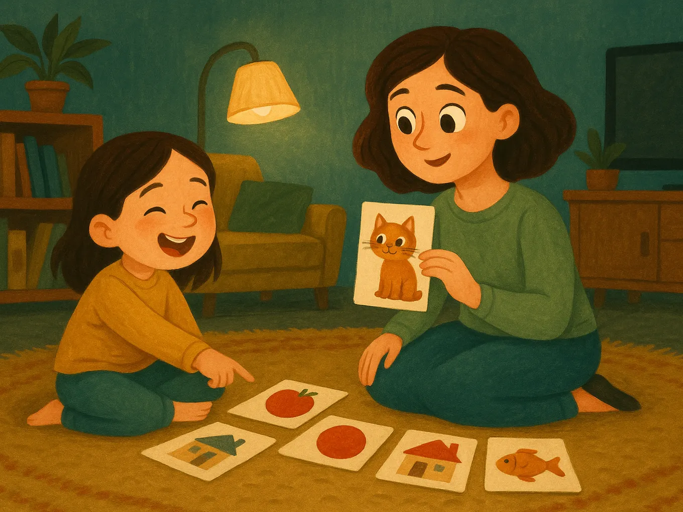 A mother and daughter on a rug playing with picture cards: a cat, an apple, a house, a fish