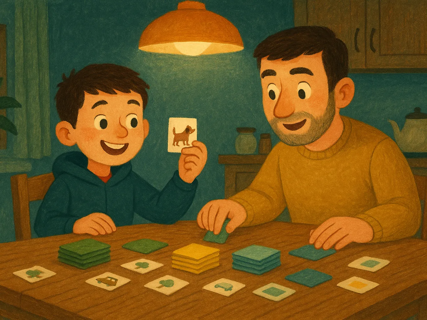 A father and son sorting picture cards into three colored piles by level