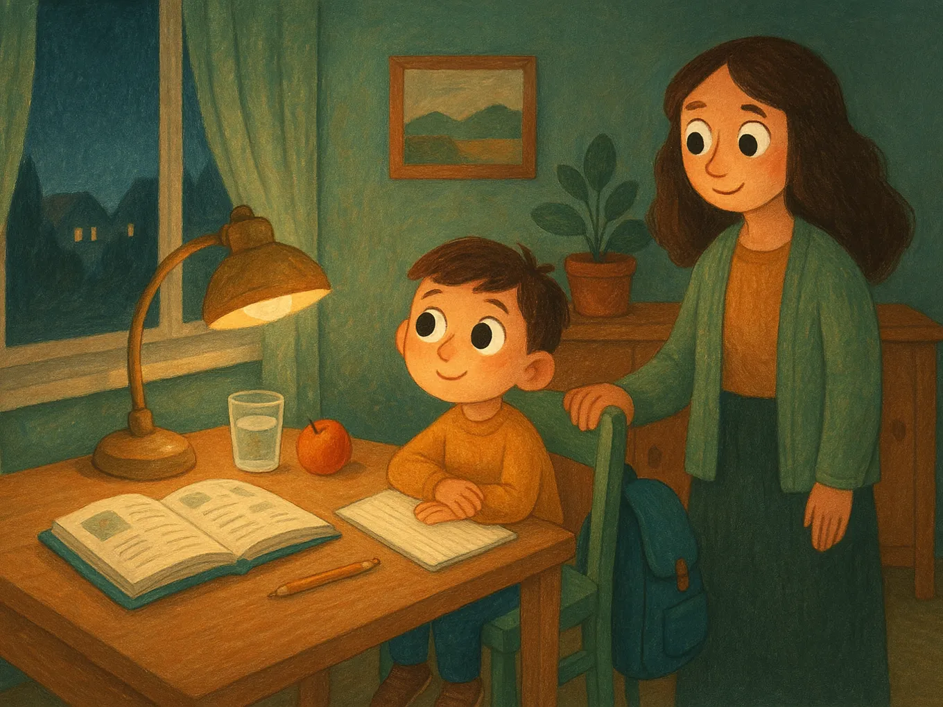 A boy at a tidy desk: textbook, notebook, lamp, a glass of water and an apple, no phone in sight, mother nearby