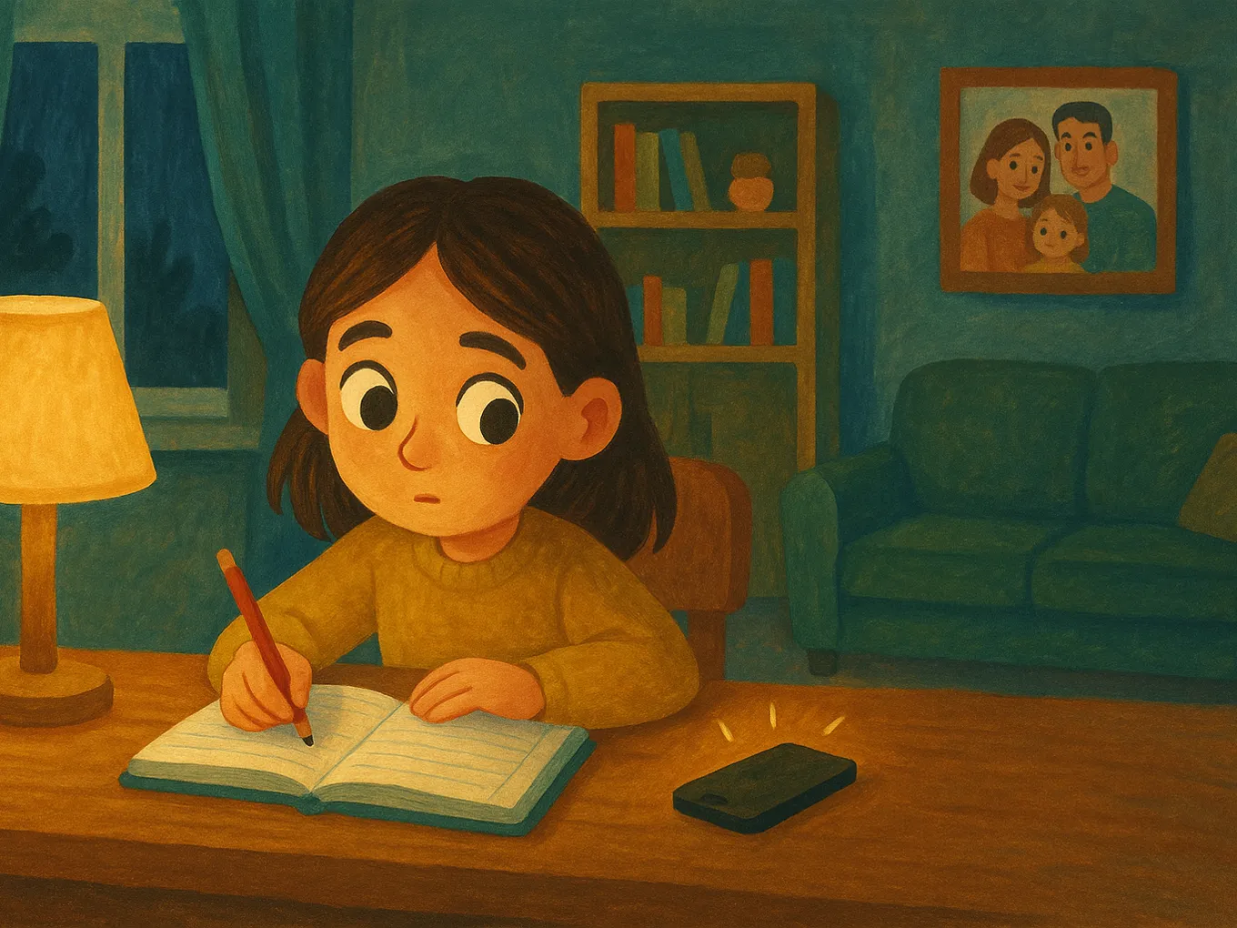 A girl writes in a notebook, with a phone lying face down nearby, and she glances at it