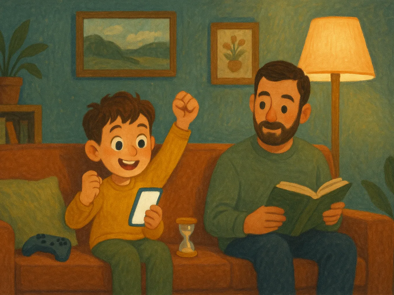 A boy on the sofa is happy he finished a lesson, while his father sits nearby reading a book calmly