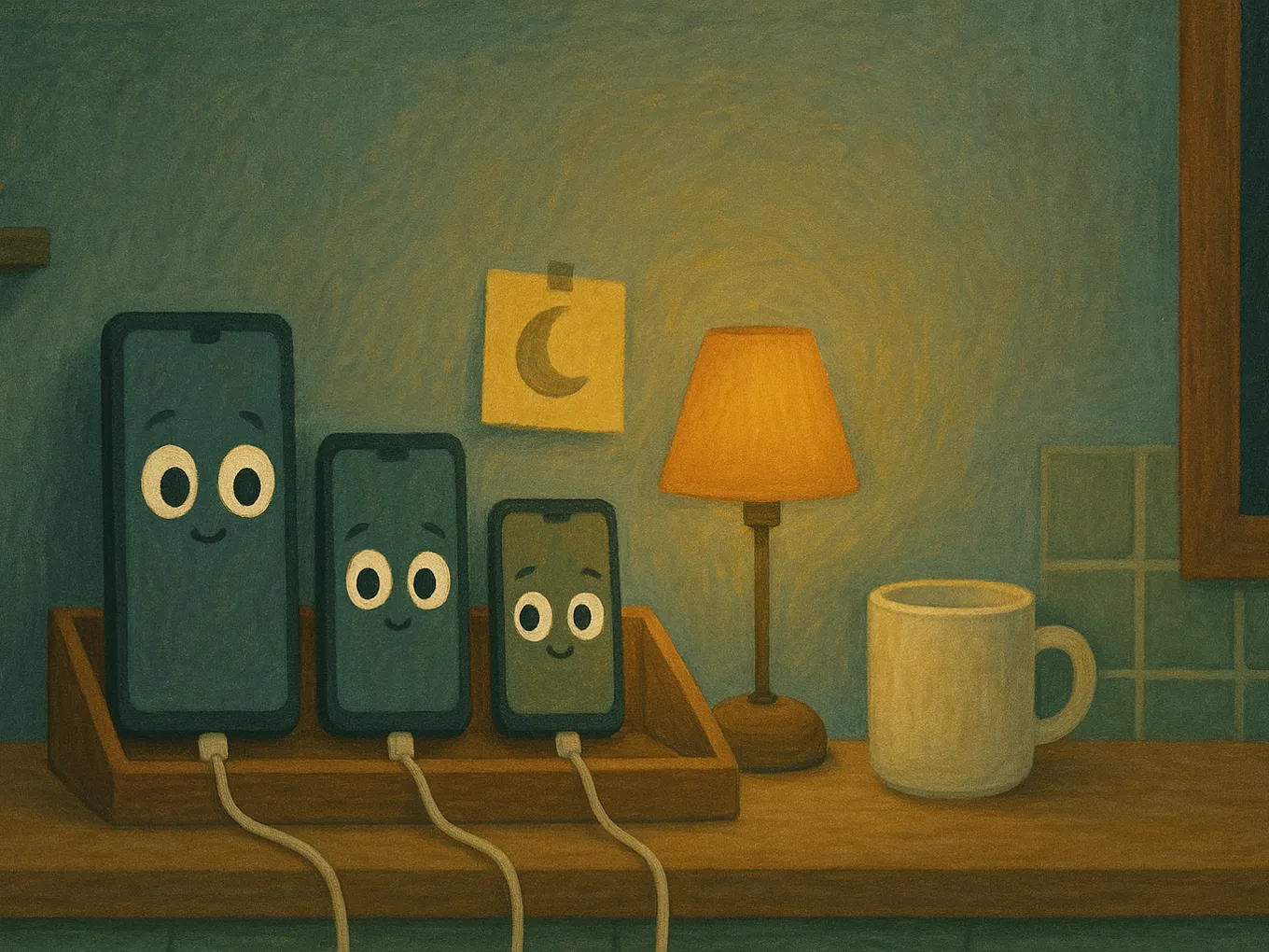 A family charging station in the kitchen with several phones