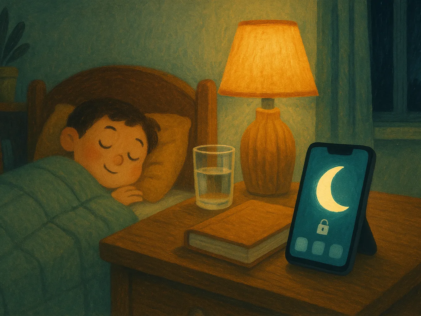 A phone with Downtime on a bedside table, the child asleep
