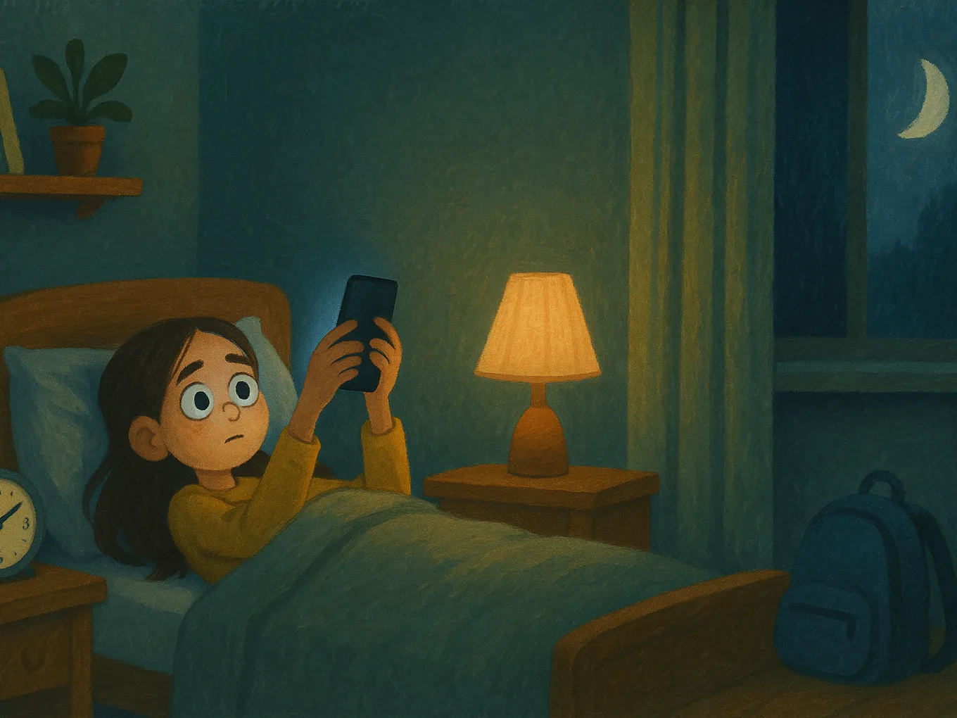 A girl in bed at night looking at her phone