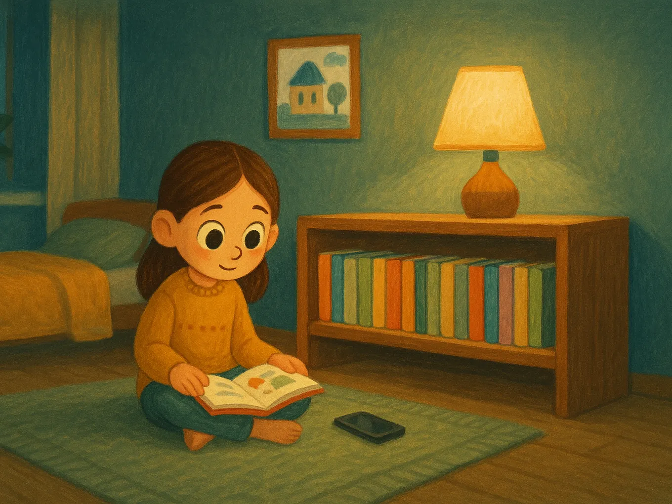 A girl sits on a rug by a shelf of thin reading books, with a phone nearby