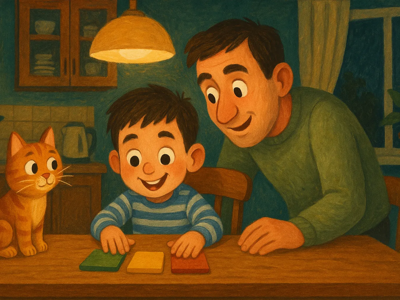 A boy lays out colorful cards on the kitchen table, with a cat and his dad nearby
