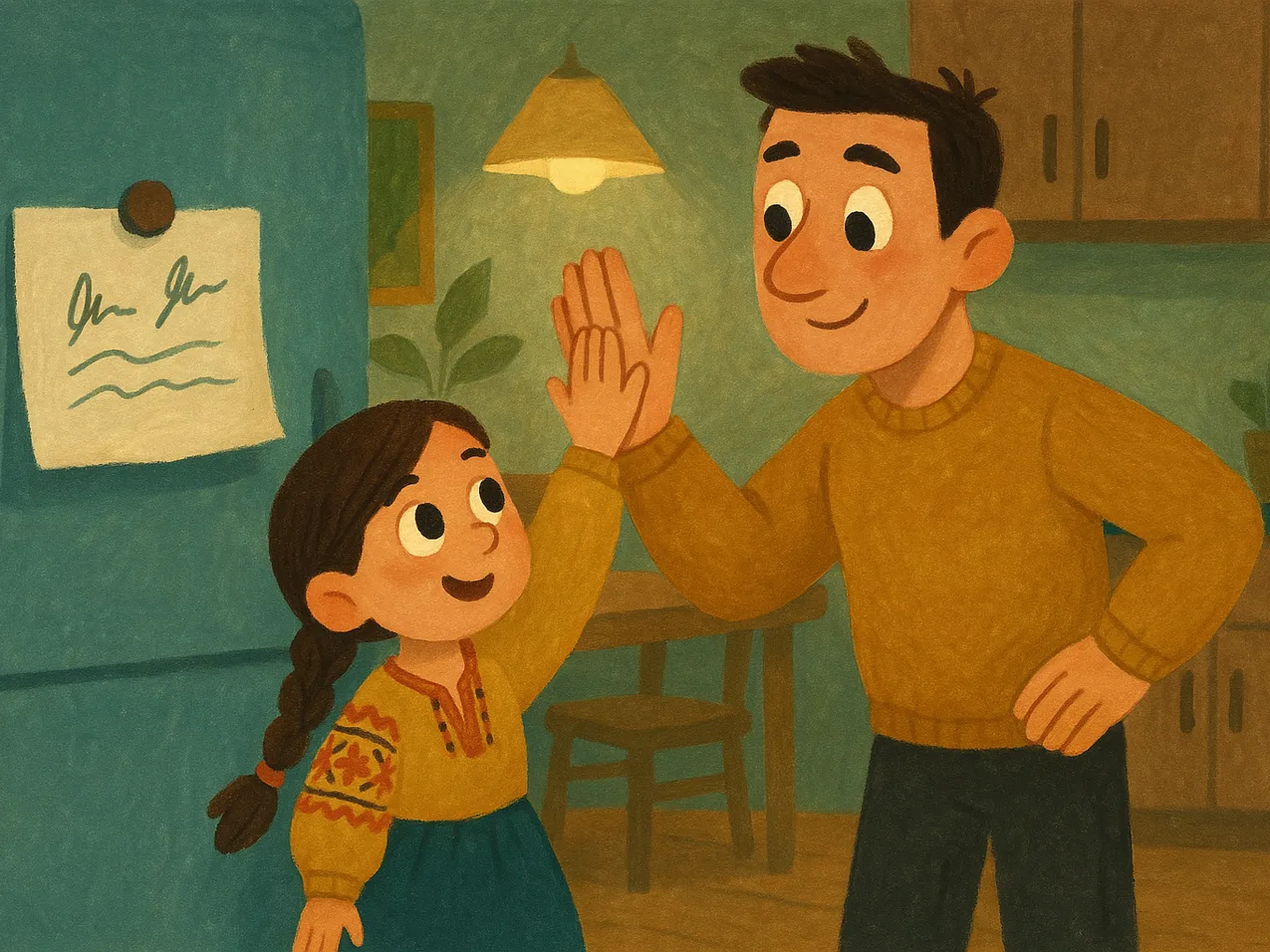 A signed agreement is on the fridge while a dad and daughter give each other a high five