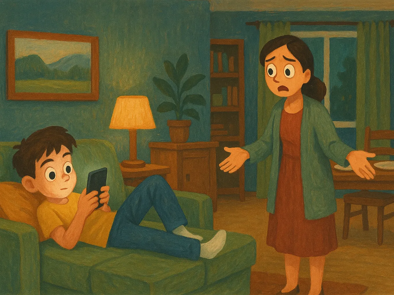 A boy is lying on the couch with a phone while his mom beside him throws up her hands