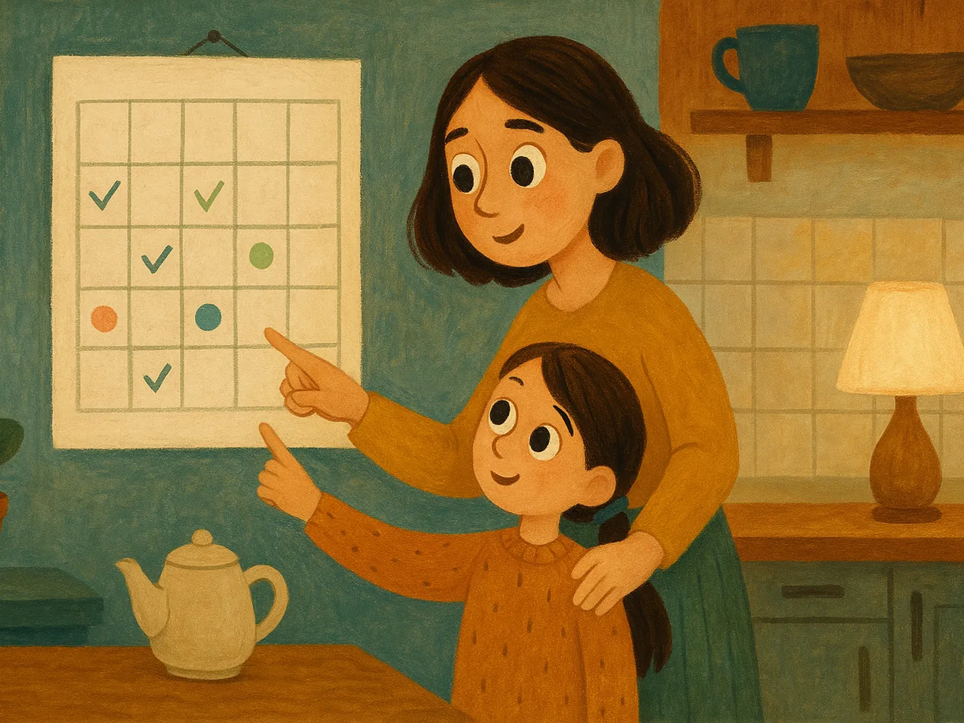 A mom and daughter point at a wall calendar marked up with notes