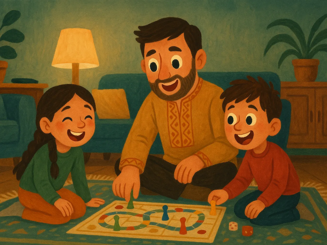 A brother and sister playing a board game with their dad on the carpet