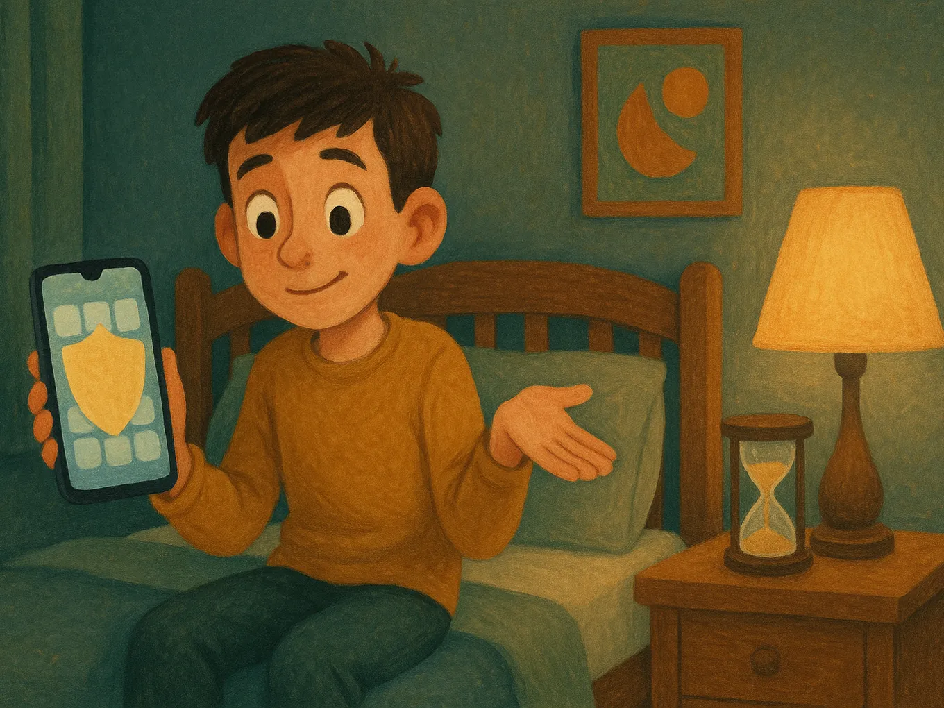 A boy on the bed with a phone, all games on the screen are locked by one shield, with an hourglass nearby