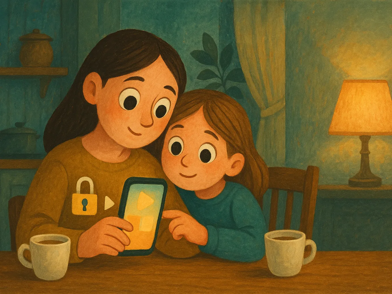 A mother at the kitchen table setting limits on her daughter’s phone while the daughter watches over her shoulder