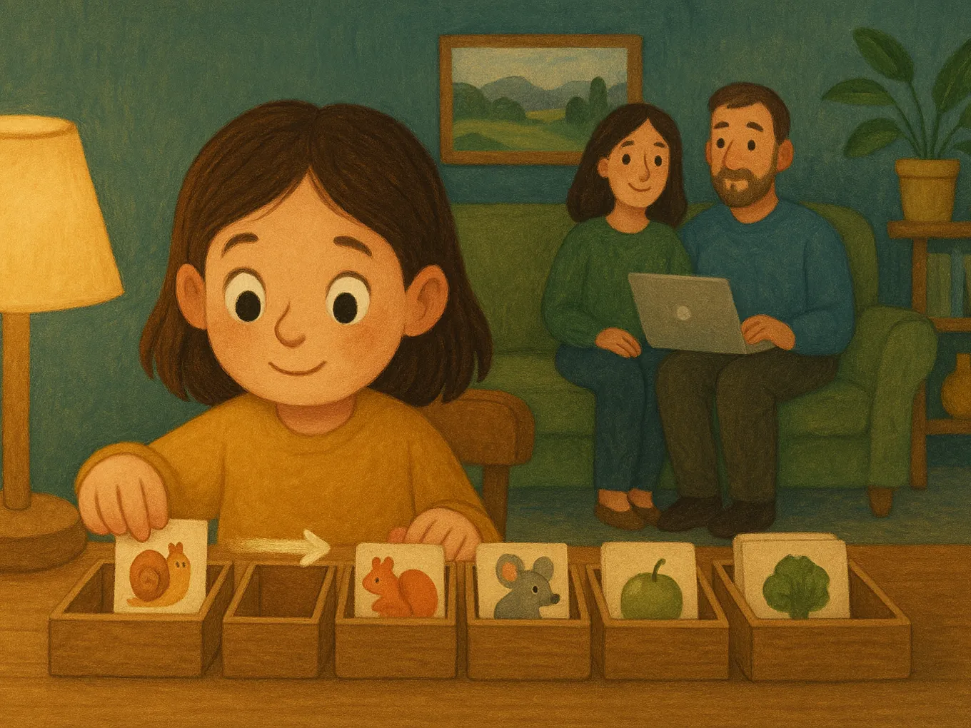A girl moves a picture card into the next Leitner box