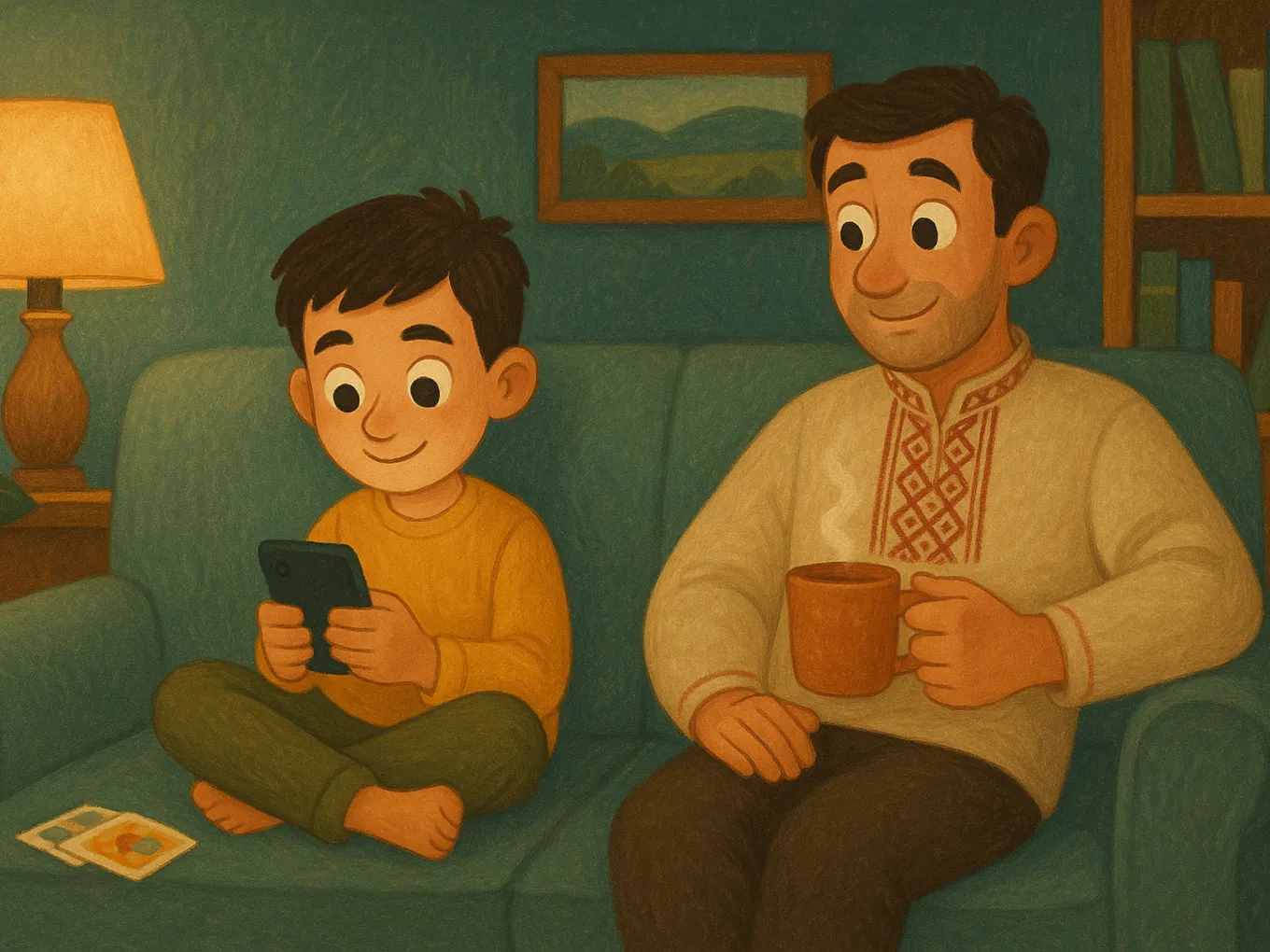 A boy on the couch taking an English lesson on a phone, with his dad nearby and tea