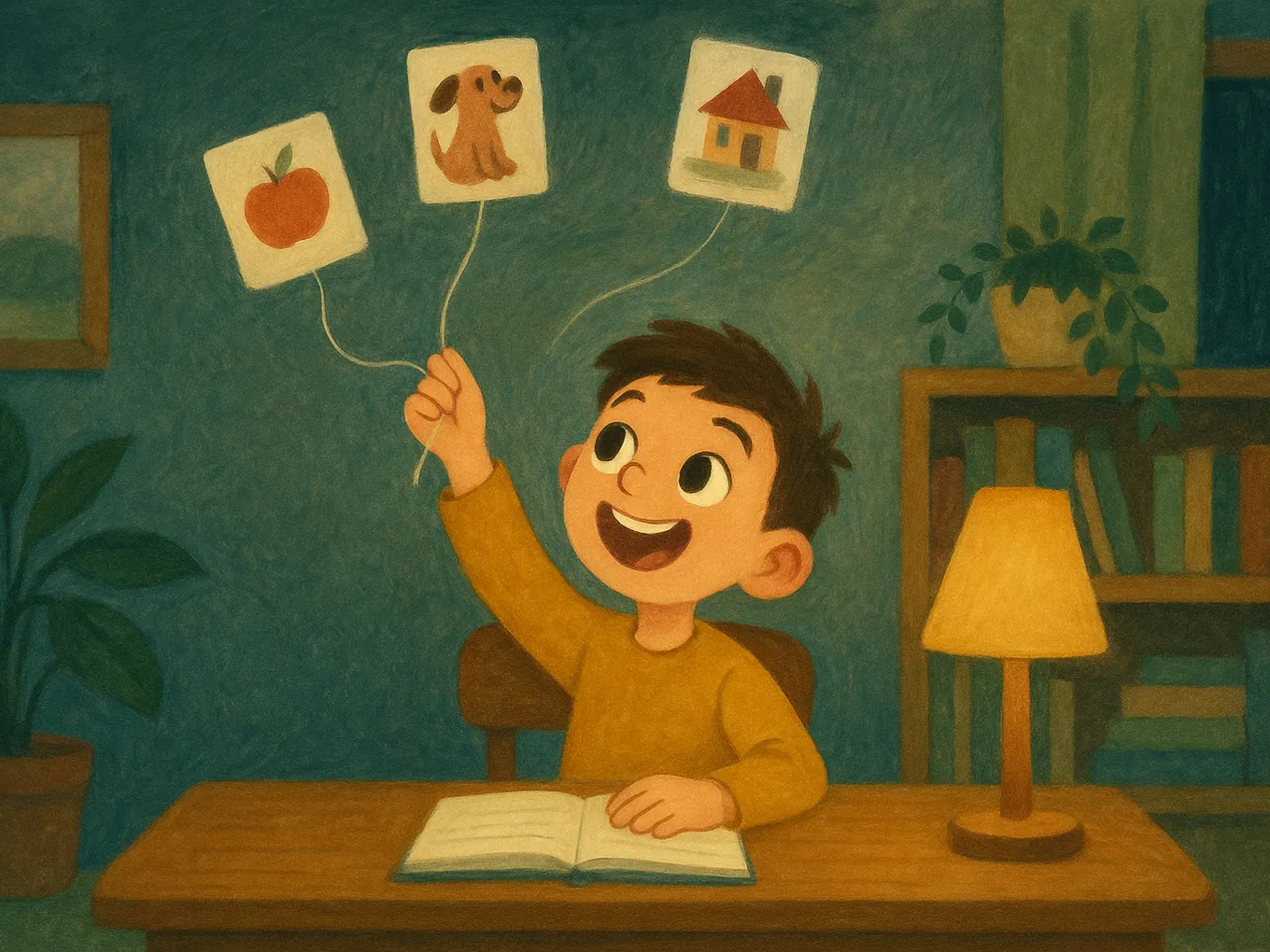 A boy at a table catching word cards floating away like balloons