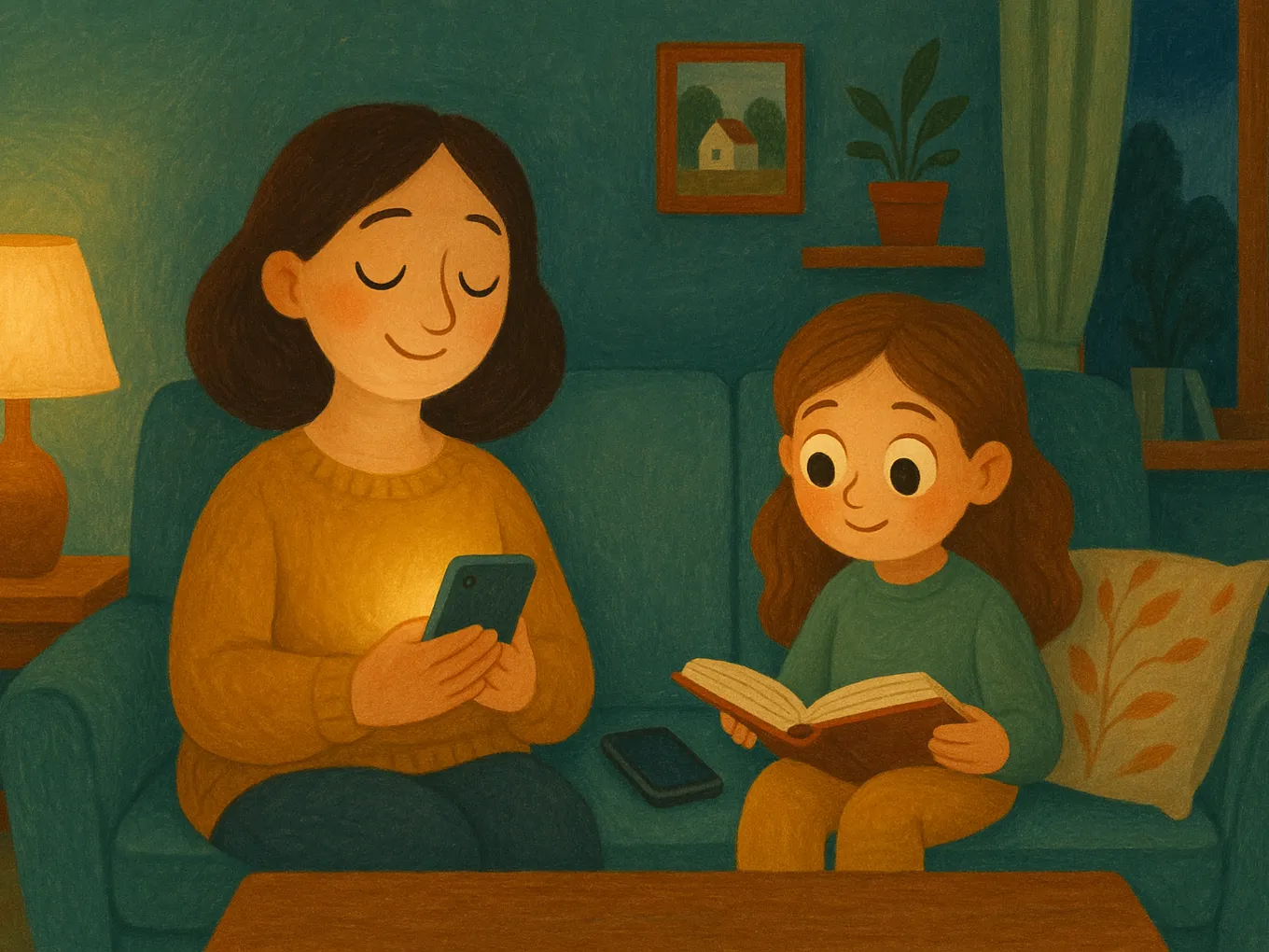 A mom sitting on the couch calmly resets the passcode on her phone while her daughter reads a book nearby