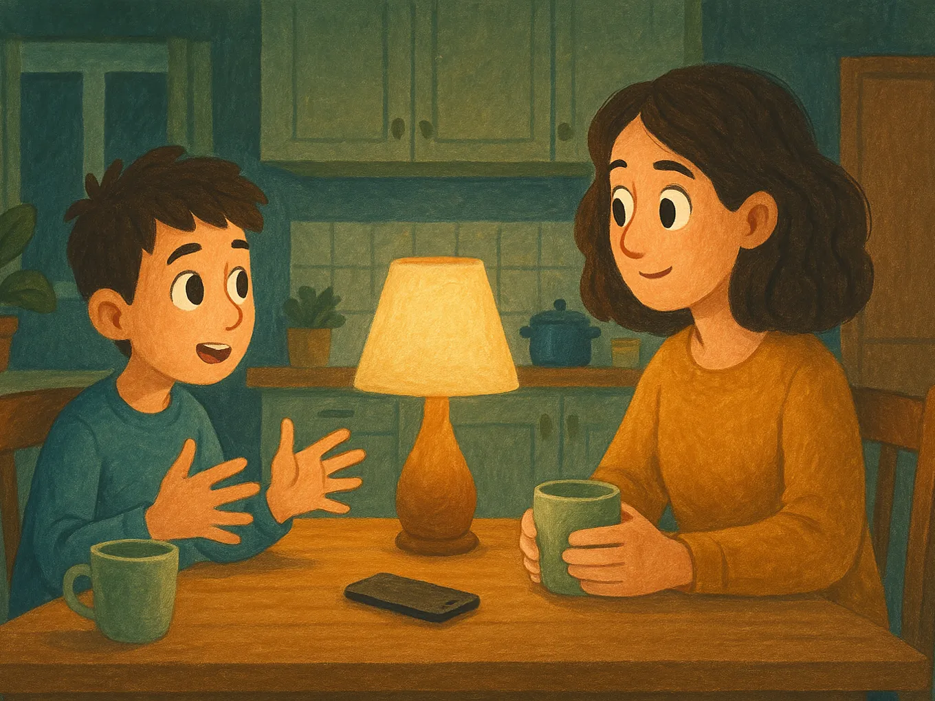 A mom and son talking calmly at the kitchen table, with the phone lying face down