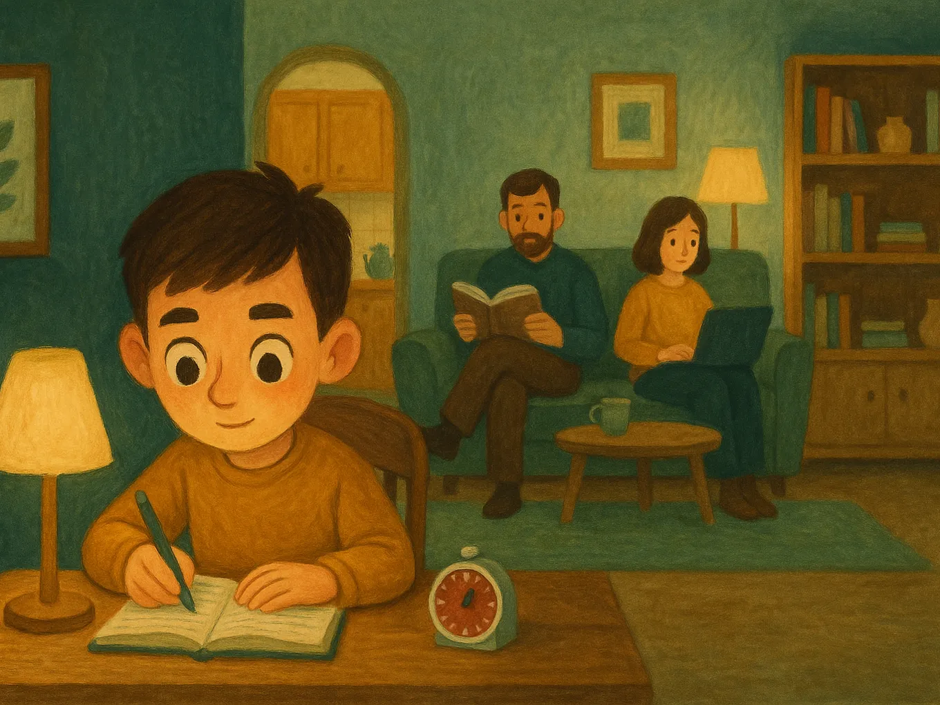 A boy studies alone at a desk with a timer while his parents are in the background busy with their own things