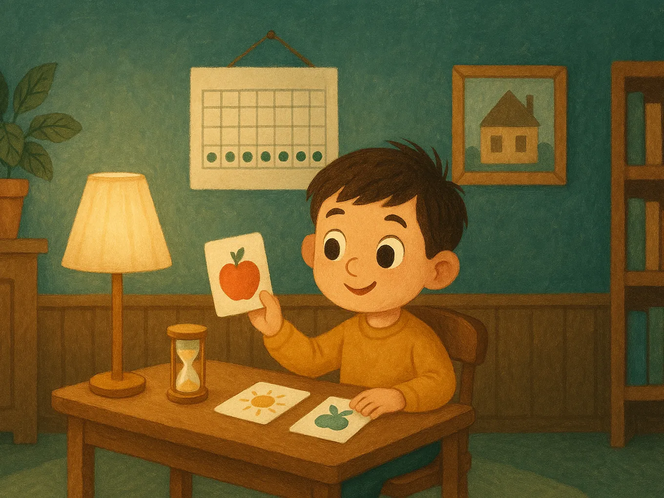 A boy with cards and an hourglass, with a calendar on the wall marked for seven days in a row