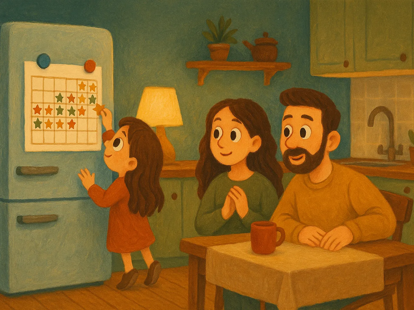 A girl sticks a star on a habit tracker on the fridge while parents watch from behind the table